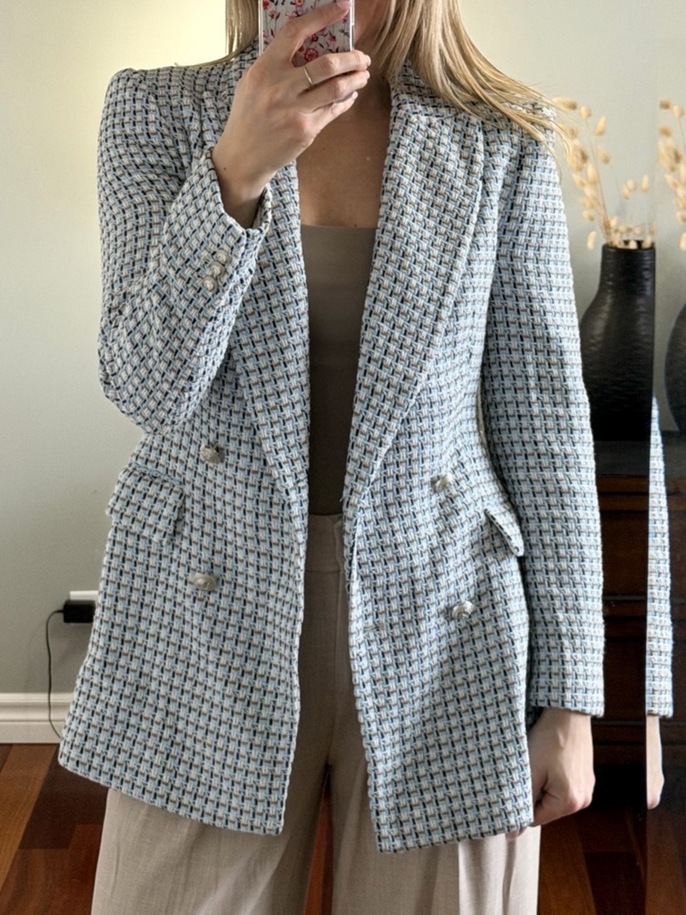 Zara Blue and Grey Tweed Blazer With Silver Buttons Size S